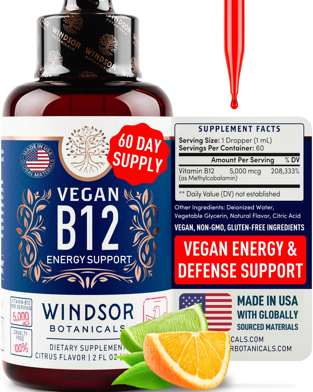 Windsor Botanicals vegan B12 liquid bottle for daily energy support