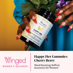 Winged Happy Her Mood Gummies bottle side view with label visible