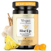 Winged Wellness Rise Up bottle front showing pineapple gummies for focused energy