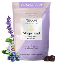 Winged Wellness Sleepyhead gummies blueberry lavender bottle promoting calm evenings