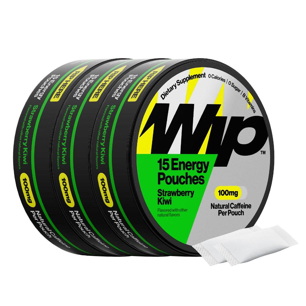 Wip Energy Pouches can with strawberry kiwi flavor for quick, calorie-free focus on the go.