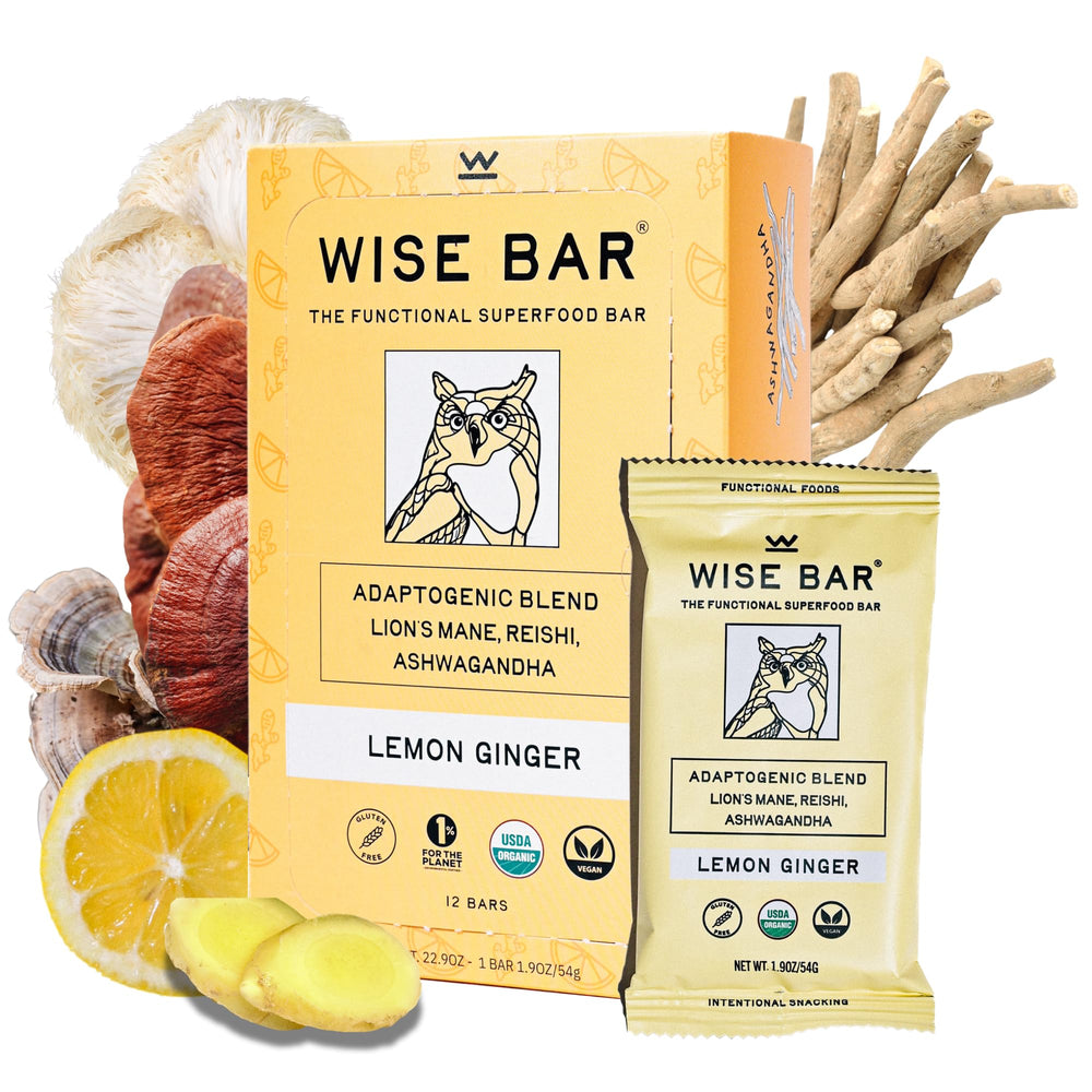WISE BAR lemon ginger packaging shows on-the-go wholesome snacking.