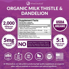 Wiseceutical dandelion root capsules highlighting organic ingredients for gentle digestion