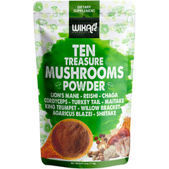 Wixar Naturals Ten Treasure Mushrooms Powder beside coffee for focused mornings