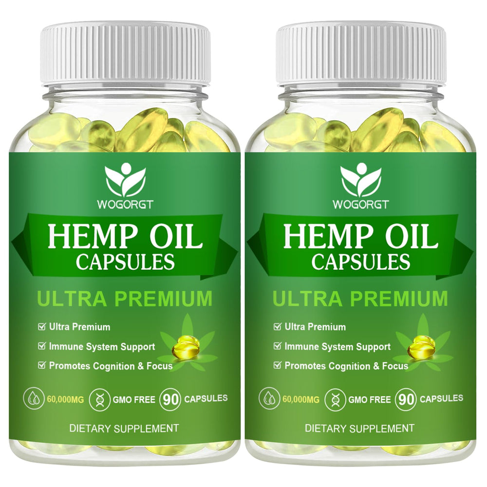 WOGORGT hemp oil capsules pack front view for immune support and daily calm.