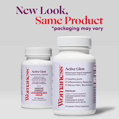 Close-up of Womaness Active Glow label emphasizing hyaluronic acid hydration.