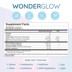 WonderCow bovine colostrum bottle label, highlighting natural ingredients and ethical sourcing.