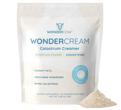WonderCow bovine colostrum creamer packaging enhances keto coffee experience.