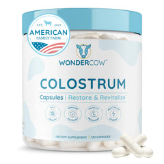 WonderCow Colostrum Capsules bottle front for gut health and immune support.