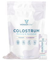 WonderCow colostrum powder bottle label highlights high IgG and elderberry for immune support.