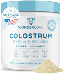 WonderCow colostrum powder bottle on shelf for daily immune and gut support.