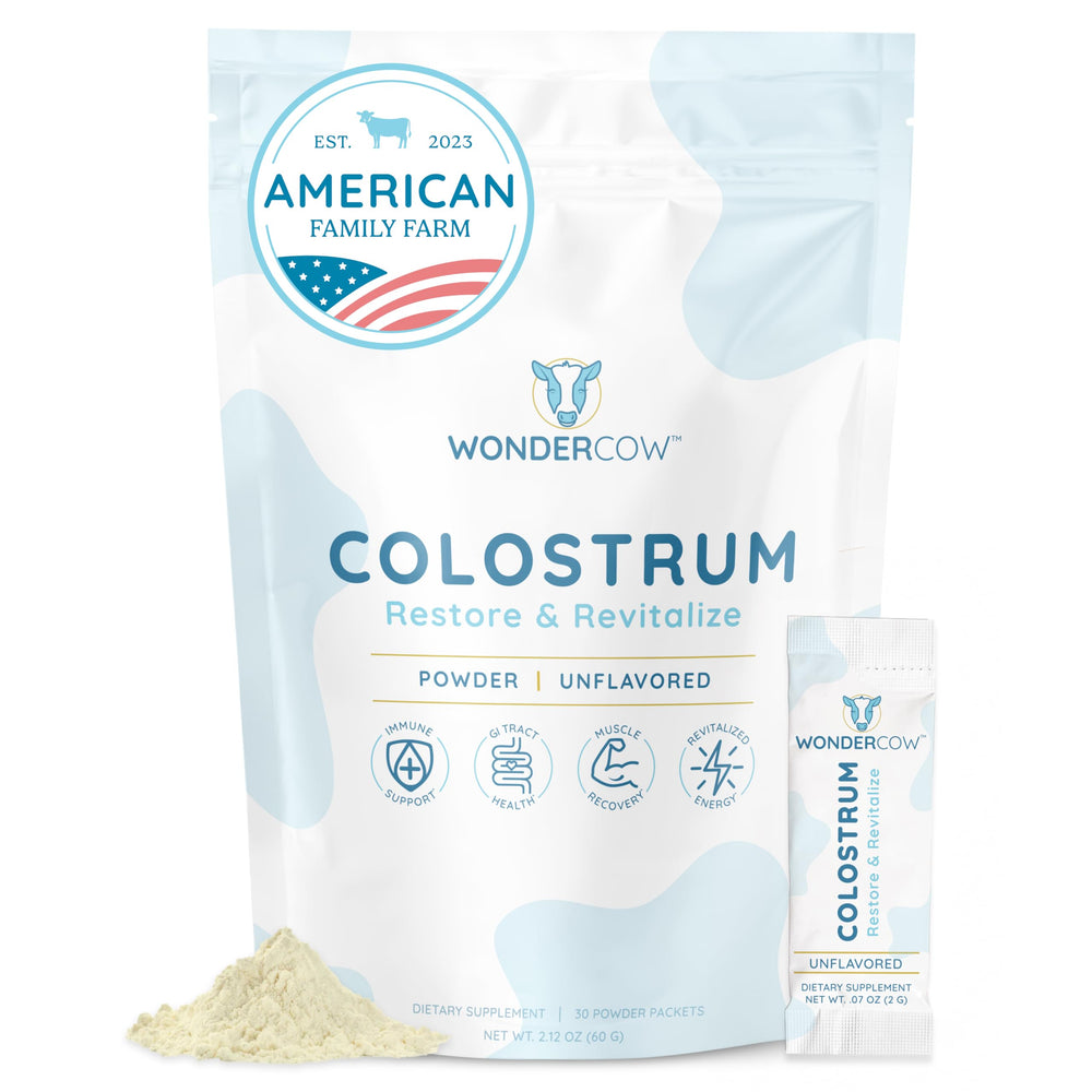 WonderCow colostrum powder bottle highlights full-spectrum nutrients for daily health.