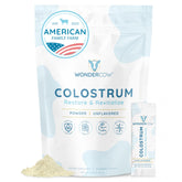 WonderCow colostrum powder bottle highlights full-spectrum nutrients for daily health.