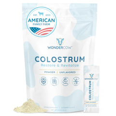 WonderCow colostrum powder bottle highlights full-spectrum nutrients for daily health.