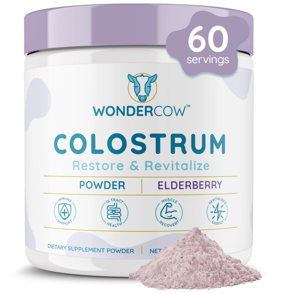 WONDERCOW Colostrum powder tub and scoop for daily immune support.