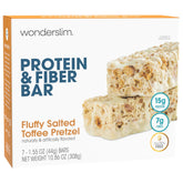 Wonderslim salted-toffee-pretzel bar packaging highlights convenient, high-protein snack.