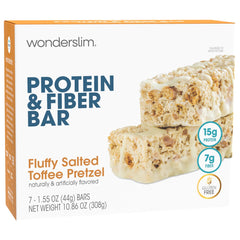 Wonderslim salted-toffee-pretzel bar packaging highlights convenient, high-protein snack.