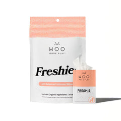 Woo More Play Freshies wipes packaging front highlighting vegan and cruelty-free formulation