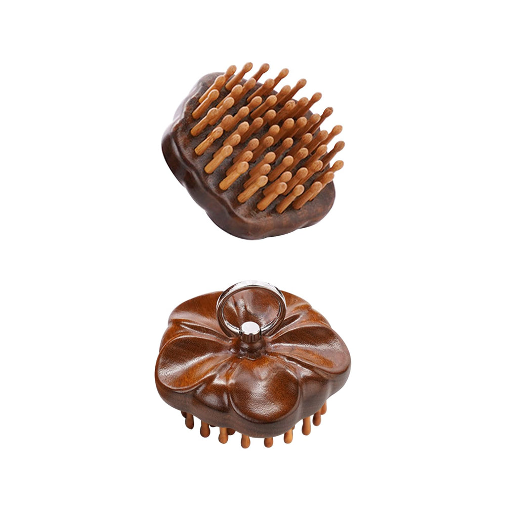 Wooden Round Scalp Massager Brush showing ring handle for detangling.