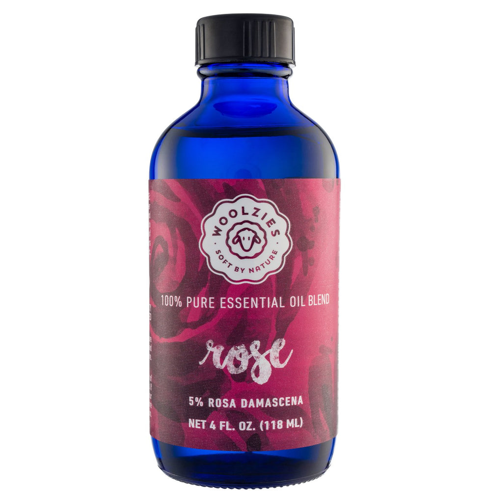 Woolzies Rose Essential Oil bottle 4oz for relaxation and diffusion.