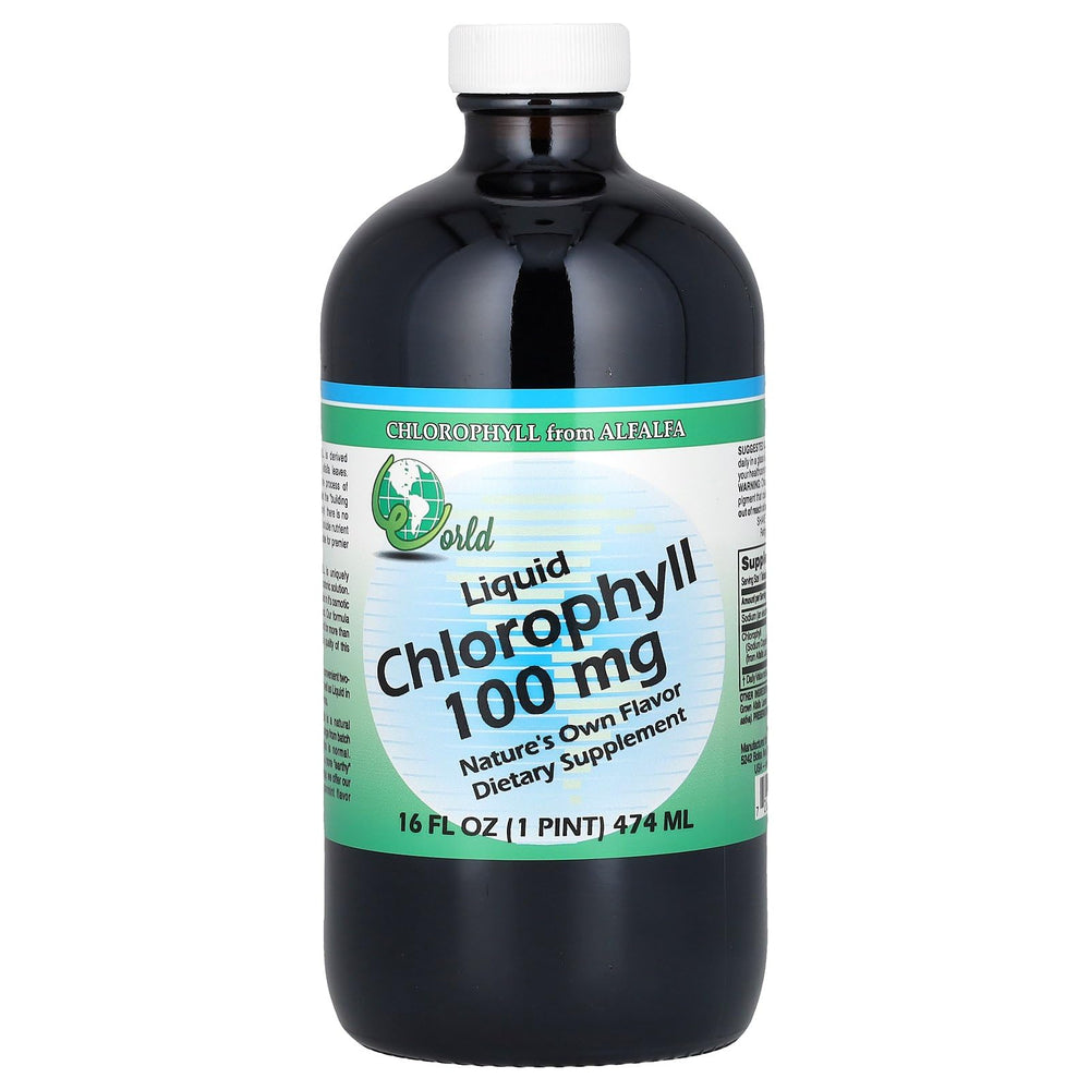 World Organic chlorophyll liquid bottle showing 100 mg per serving for daily use