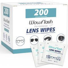 Wowflash 200 count lens wipes bottle showing compact packaging and wipes for clear vision