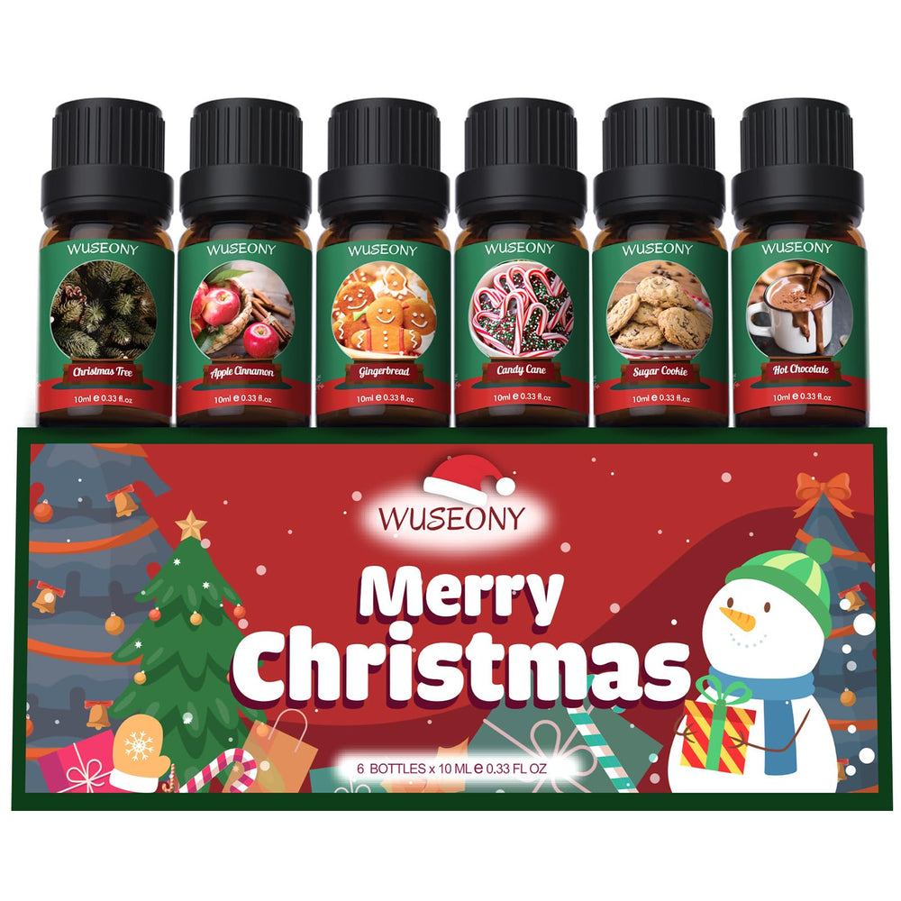 WUSEONY Christmas Tree fragrance oil for diffusers, delivering a fresh, woodsy holiday ambiance.
