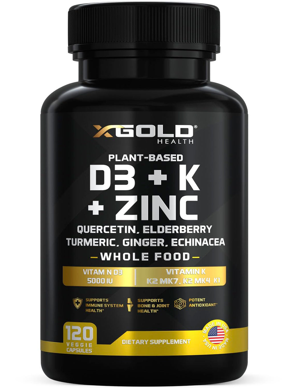 X Gold Health 8-in-1 bottle with vegan capsules for daily wellness.