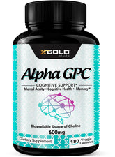 X Gold Health Alpha GPC 600mg bottle on desk for focus support.