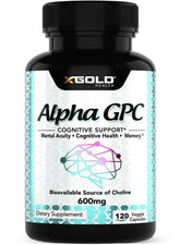 X Gold Health Alpha GPC 600mg bottle signaling a premium nootropic for focus.