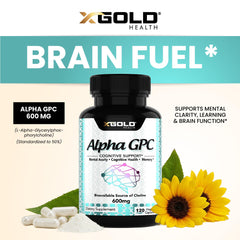 Label of X Gold Health Alpha GPC 600mg shows purity and high-quality ingredients.