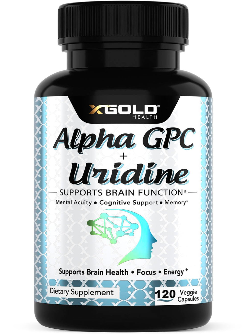 X Gold Health Alpha GPC and Uridine capsules on bottle, supports focus and memory.