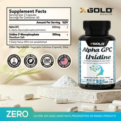 Closeup of X Gold Health Alpha GPC Uridine capsules highlighting quality.