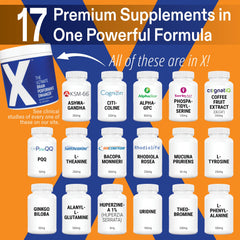 X science-backed ingredients label emphasizes researched brain performance.