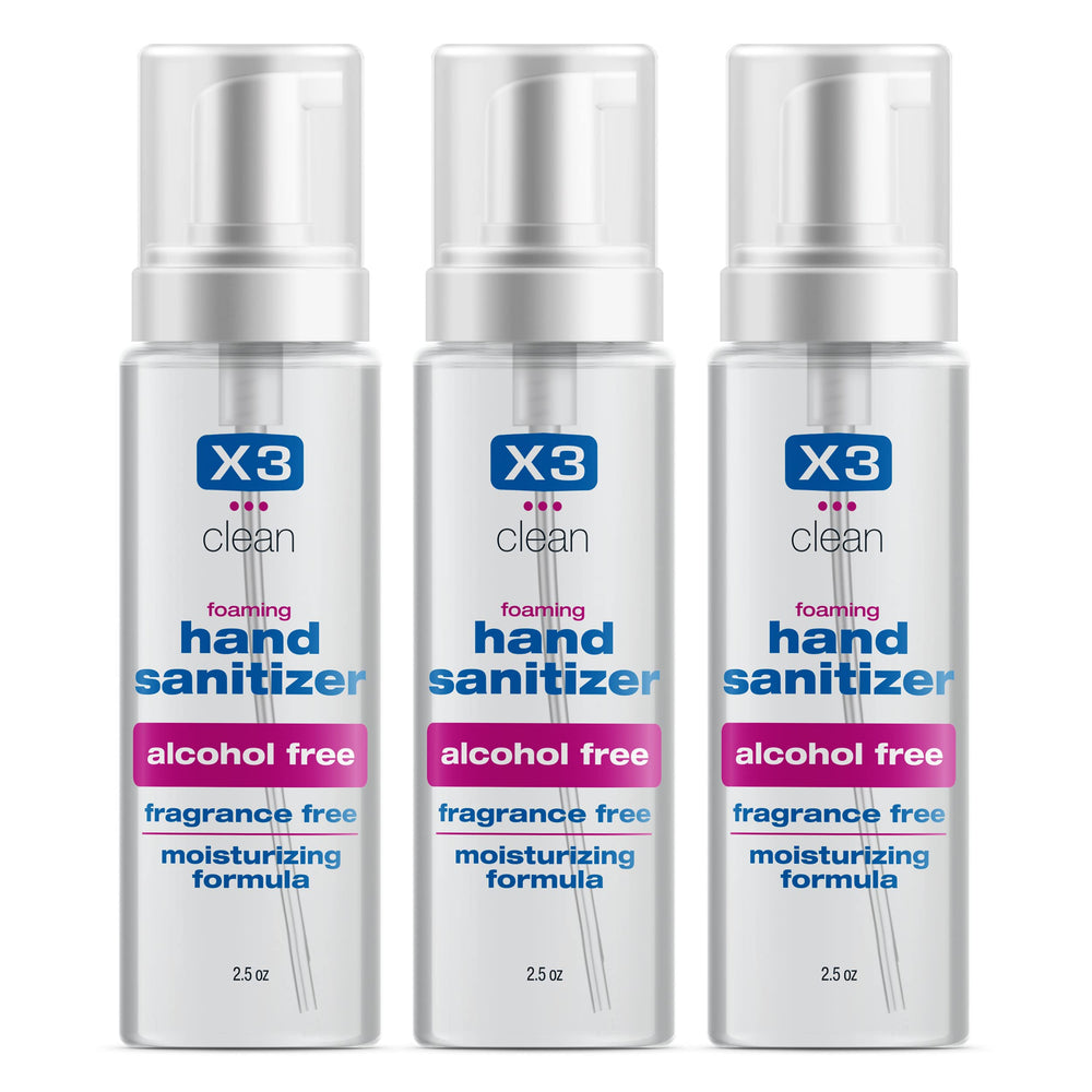 X3 Clean foaming hand sanitizer bottle showing a gentle non-alcohol formula for skin