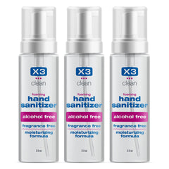 X3 Clean foaming hand sanitizer bottle showing a gentle non-alcohol formula for skin