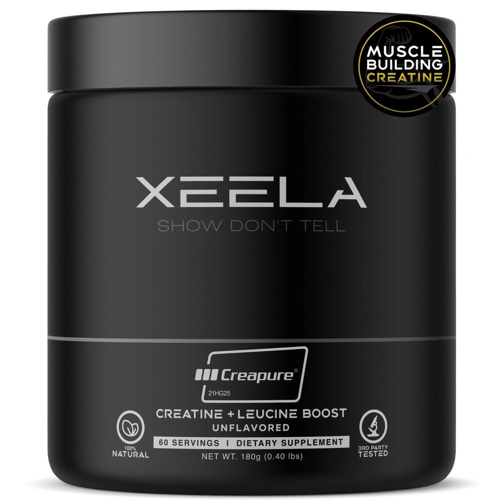 XEELA Creatine bottle closeup highlights Creapure quality for potential strength support.