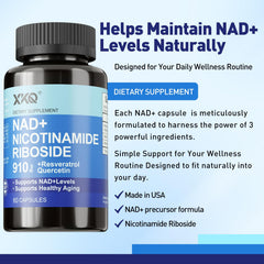 XKQ NAD+ capsules outside packaging demonstrate convenient 60-serving supply.
