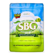 XLXZHYF Salveo Barley Grass Powder trial pack label highlights 100% organic formula for daily greens.
