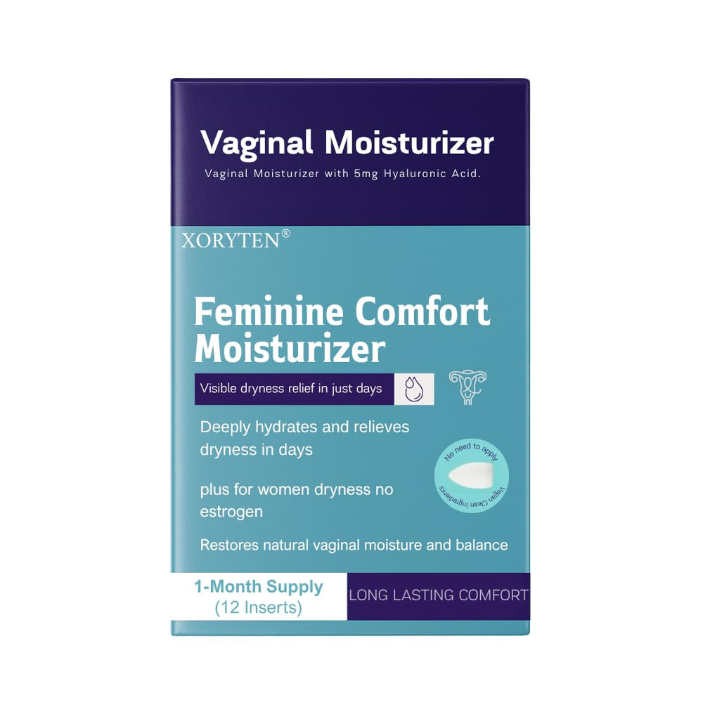 XORYTEN box packaging displays a discreet, hormone-free vaginal moisturizer for daily comfort.