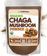XPRS Nutra Chaga powder bottle close-up for immune-supporting tea and smoothies.