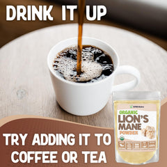 XPRS Nutra Lion's Mane powder stirred into coffee for a morning boost