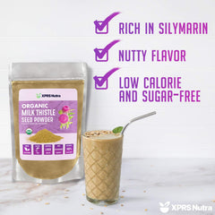 XPRS Nutra milk thistle powder in shaker demonstrates versatile mix with nutty flavor