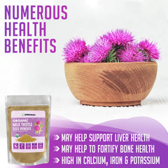 Scoop of XPRS Nutra milk thistle powder next to jar, easy recipe add-in.