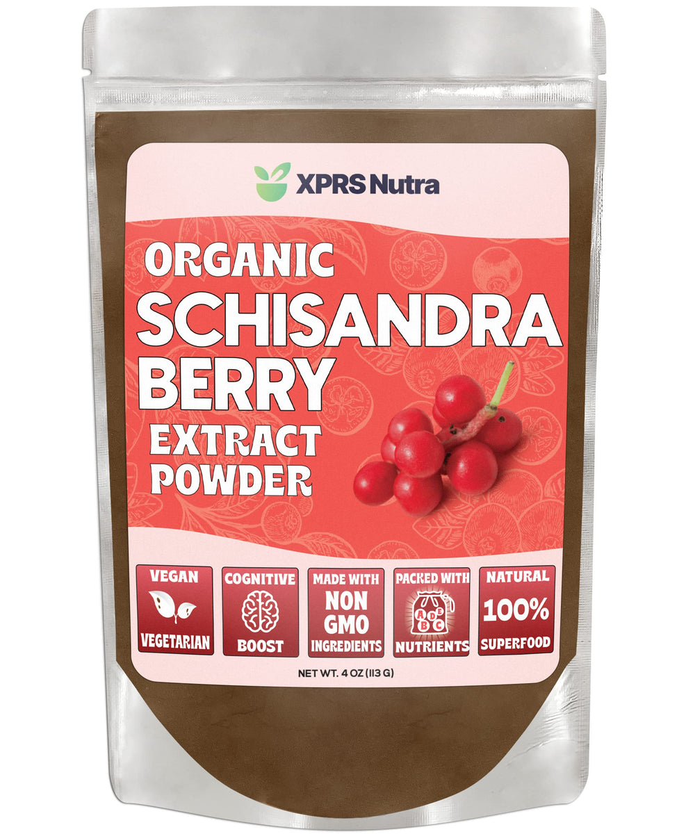 XPRS Nutra Organic Schisandra berry powder in a jar, ideal for smoothies and daily rituals.