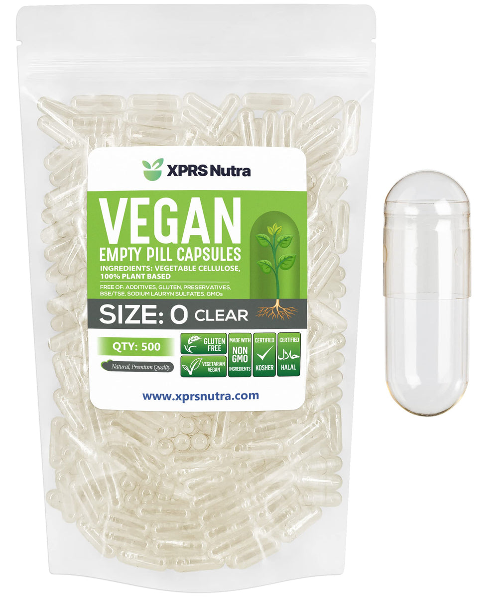 XPRS Nutra Size 0 empty capsules in clear packaging for easy filling and measurement.