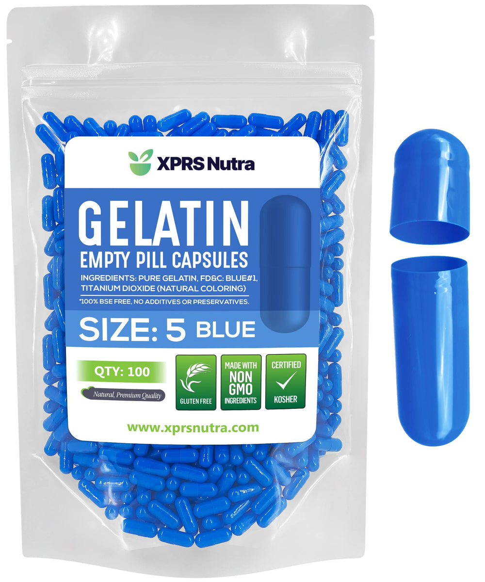 XPRS Nutra Size 5 empty capsules in blue packaging showing precise filling potential.