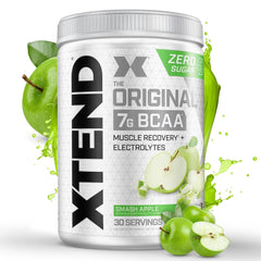 Xtend Original BCAA powder tub shows 7 g BCAAs per serving for hydration