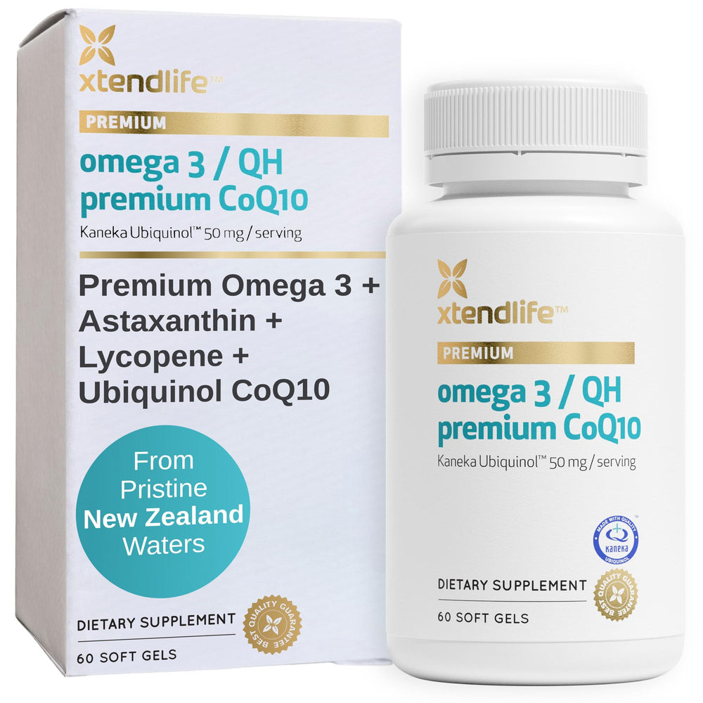 Xtendlife Omega 3 QH bottle promoting convenient daily omega-3 support for heart and brain health
