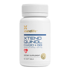 Xtendlife Xtend-Quinol bottle and label detail showing CoQ10 and GG ingredients for energy support.